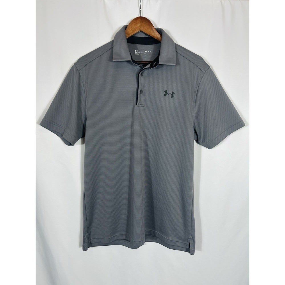 UNDER ARMOUR Polo Shirt Men Medium Ribbed Performance‎ Gray Loose HeatGear Golf